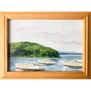 Framed Original Oil Painting Maine Bar Harbor Boats Coastal Seascape 6x8" Signed